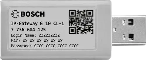USB-Gateway von Bosch mit Produkteninformationen, einschließlich Login-Name, MAC-Adresse und Passwort, dargestellt auf einem silbernen Gehäuse mit QR-Code.